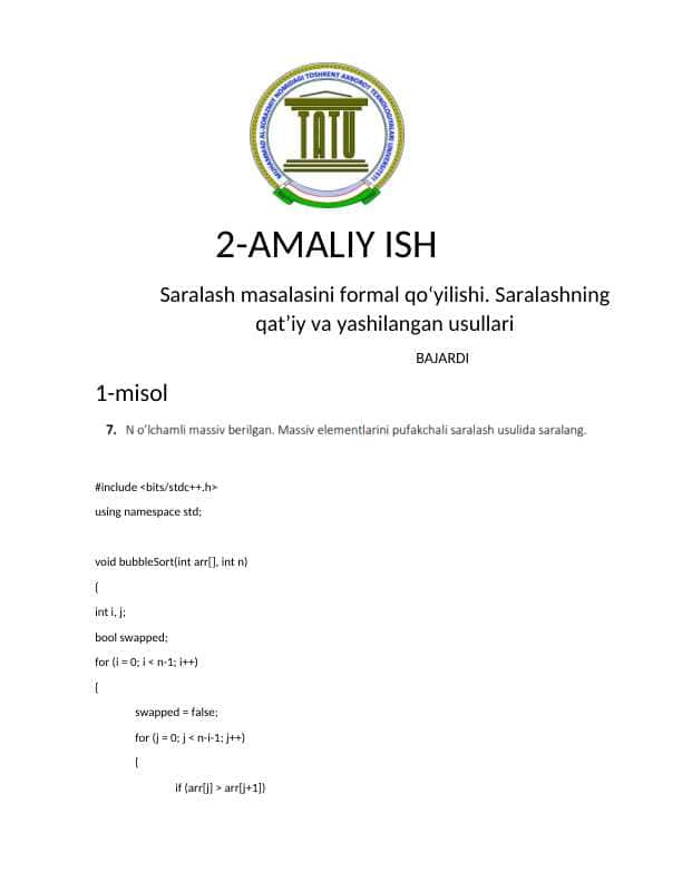 Saralash masalasini formal qo‘yilishi. Saralashning qat’iy va yashilangan usullari