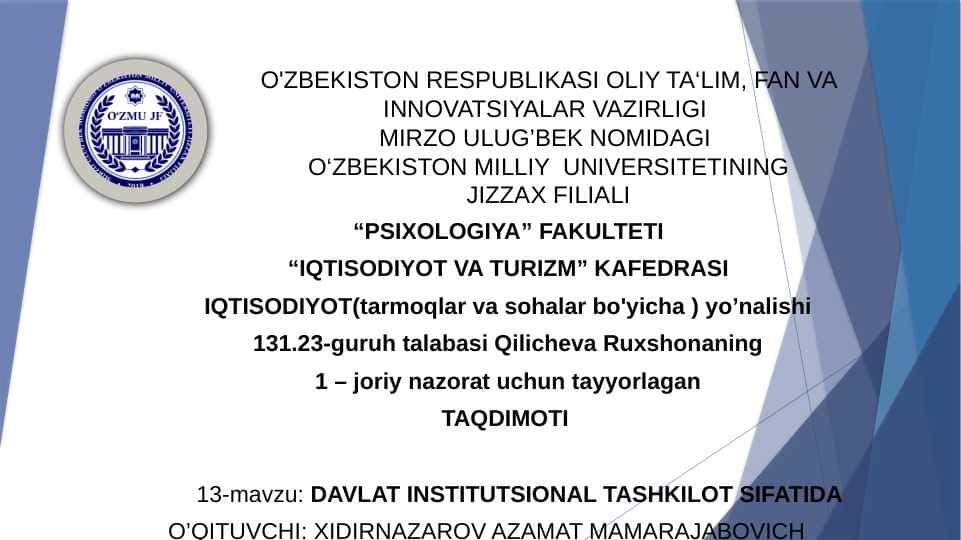 DAVLAT INSTITUTSIONAL TASHKILOT SIFATIDA