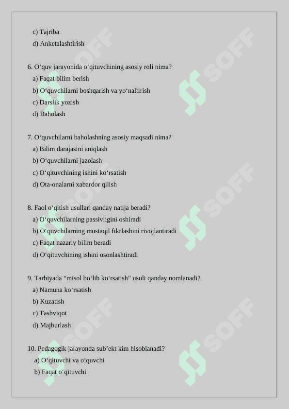 Pedagogik imij  test savollari va javoblari 2