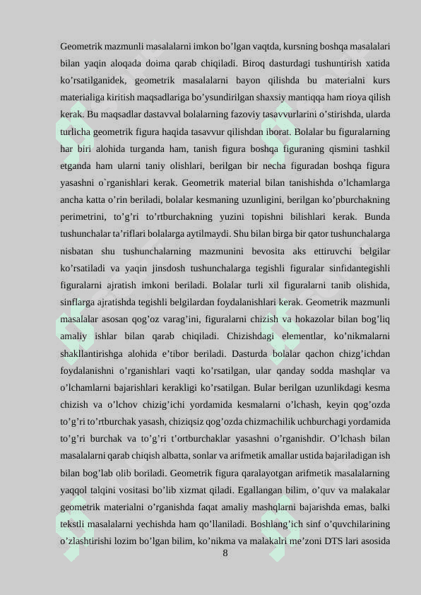 UMUMIY O'RTA TA'LIM MAKTABLARIDA YUZLAR BO'LIMINI O'QITISH METODIKAS 8
