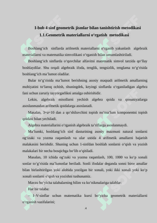 4-sinfda algebraik material bilan tanishtirish jarayonida oʻquvchilar bilim,koʻnikma va malakalarini tekshirish usullari 4