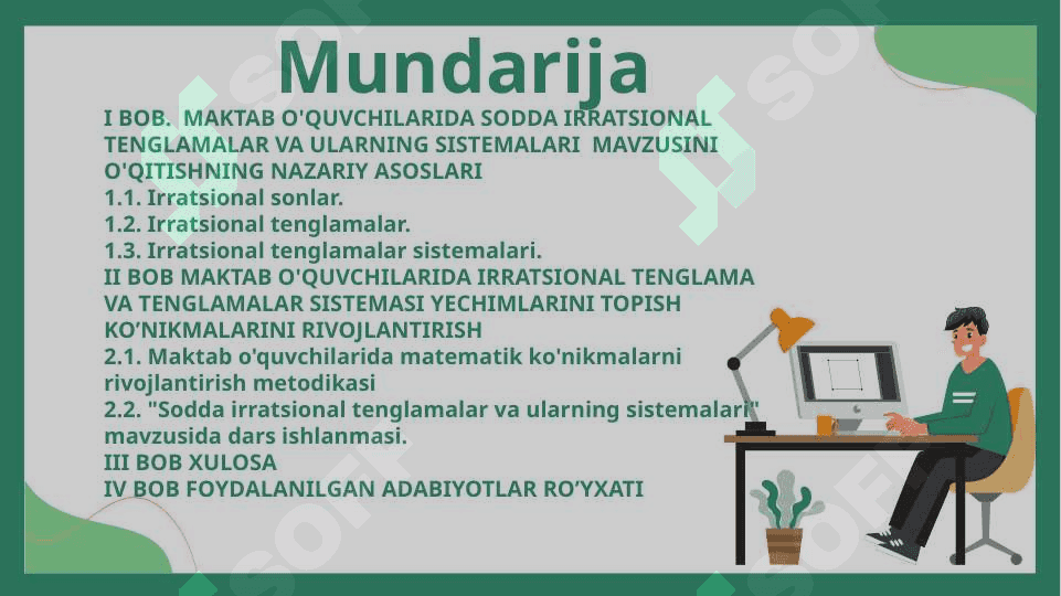 Mavzu:Maktab o'quvchilarida irratsional tenglama va tenglamalar sistemasi yechimlarini topish ko'nikmalarini rivojlantirish. 3