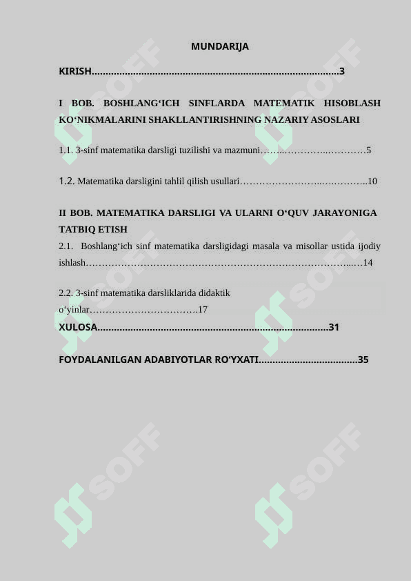 BOSHLANG‘ICH SINFLARDA MATEMATIKA DARSLIGI USTIDA IJODIY ISHLASH VA DARSLIK TAHLILINI AMALGA OSHIRISH METODIKASI (3-SINF MISOLIDA) 2