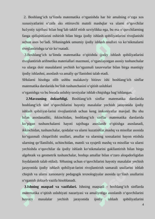 BOSHLANG‘ICH SINFLARDA MATЕMATIKADAN O‘QUVCHILARNI IJОDIY ISHLASHGA O‘RGATISH MЕTОDIKASI(3-SINF MISOLIDA) 4