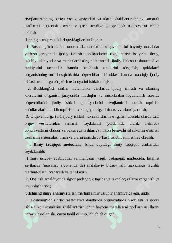 BOSHLANG‘ICH SINFLARDA MATЕMATIKADAN O‘QUVCHILARNI IJОDIY ISHLASHGA O‘RGATISH MЕTОDIKASI(3-SINF MISOLIDA) 5