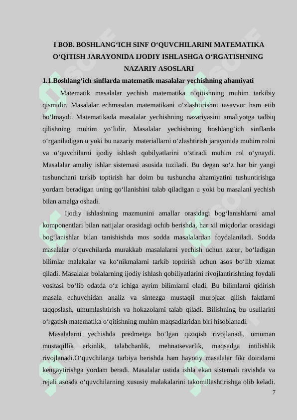 BOSHLANG‘ICH SINFLARDA MATЕMATIKADAN O‘QUVCHILARNI IJОDIY ISHLASHGA O‘RGATISH MЕTОDIKASI(3-SINF MISOLIDA) 7