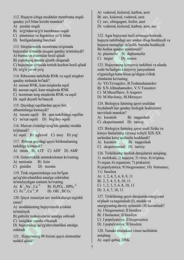 TEST 9-SINF BIOLOGIYA 7