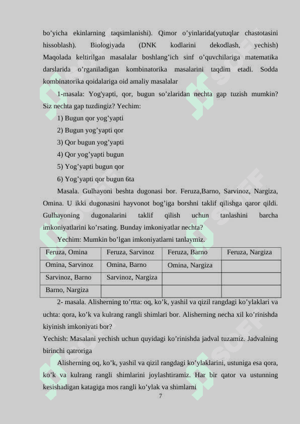 BOSHLANGʻICH SINFLARDA KOMBINATORIKAGA OID MASALALARINI YECHISHGA OʻRGATISH METODIKASI. 7