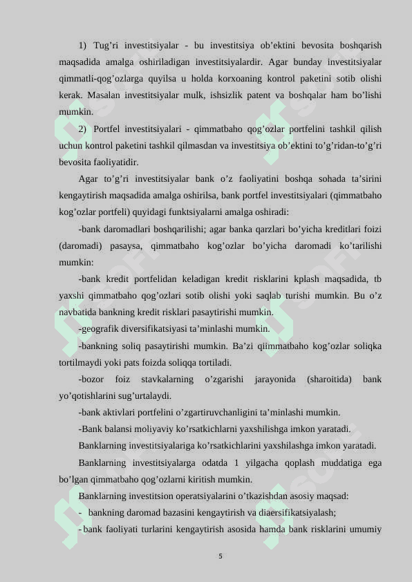 TIJORAT BANKLARINING QIMMATLI QOG'OZLAR BILAN BOG'LIQ OPERATSIYALARI VA ULARNING BANK FAOLIYATIDA TUTGAN O'RNI 5