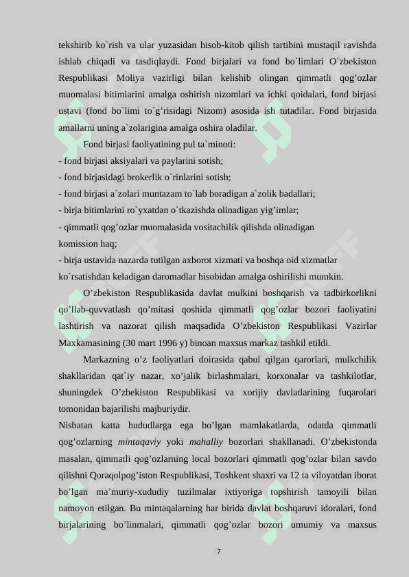 TIJORAT BANKLARINING QIMMATLI QOG'OZLAR BILAN BOG'LIQ OPERATSIYALARI VA ULARNING BANK FAOLIYATIDA TUTGAN O'RNI 7