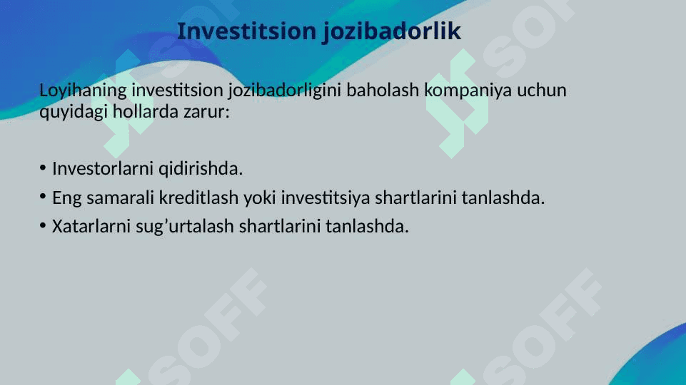 Investisiya loyihalarining moliyaviy va iqtisodiy samaradorligini baholash 7