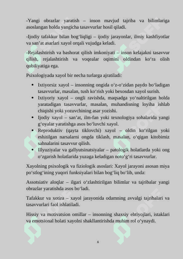 Xayol jarayonlari. Tasavvur turlari 6