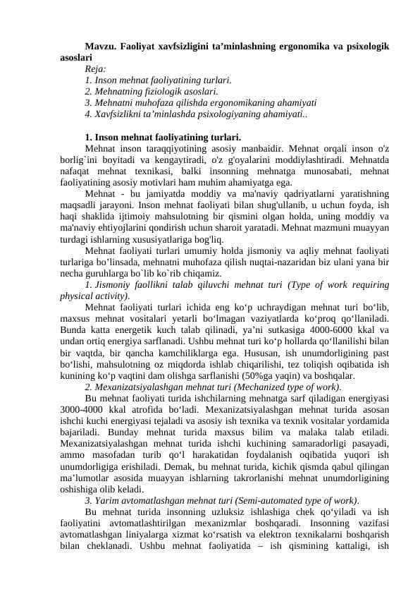 Faoliyat xavfsizligini ta’minlashning ergonomika va psixologik asoslari