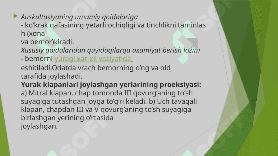 YURAK AUSKULTATSIYASI . AUSKULTATSIYA QOIDALARI . YURAK TONLARINI ESHITISH NORMADA . TONLARNI ESHITISH TARTIBI VA NUQTALARI . YURAK QON TOMIR  KASALLIKLARIDA QOSHIMCHA TONLAR . YURAK SHOVQUNLARI HOSIL BOLISH MEXANIZMI , XARAKTERISTIKASI . PULSNI TEKSHIRISH . ARTERIAL BOSIM 2