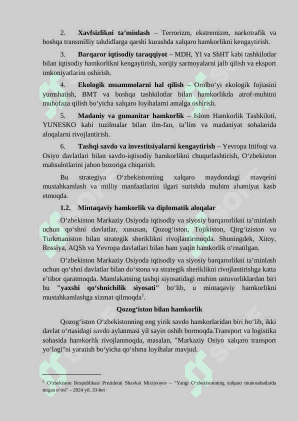 O‘ZBEKISTONNING JAHON HAMJAMIYATIDA TUTGAN O‘RNI VA ROLI. TASHQI IQTISODIY ALOQALAR 7
