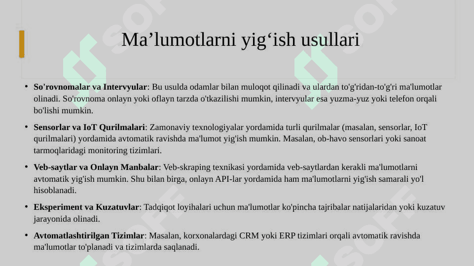 CRISP-DM. Ma’lumotlarni yig‘ish va tayyorlash  Big datani yig‘ish, tozalash va normalizatsiya qilish. 7