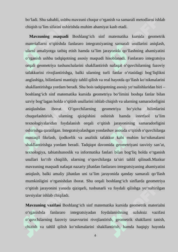 Boshlangich sinf matematika kursida geometrik materialni òrganishda fanlararo integratsiyadan foydalanish usullari 6
