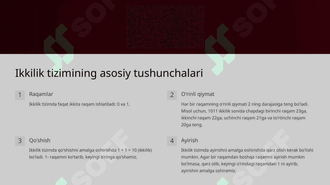 Ongda ikkilik va oʻnlik tizimni hisoblash 2
