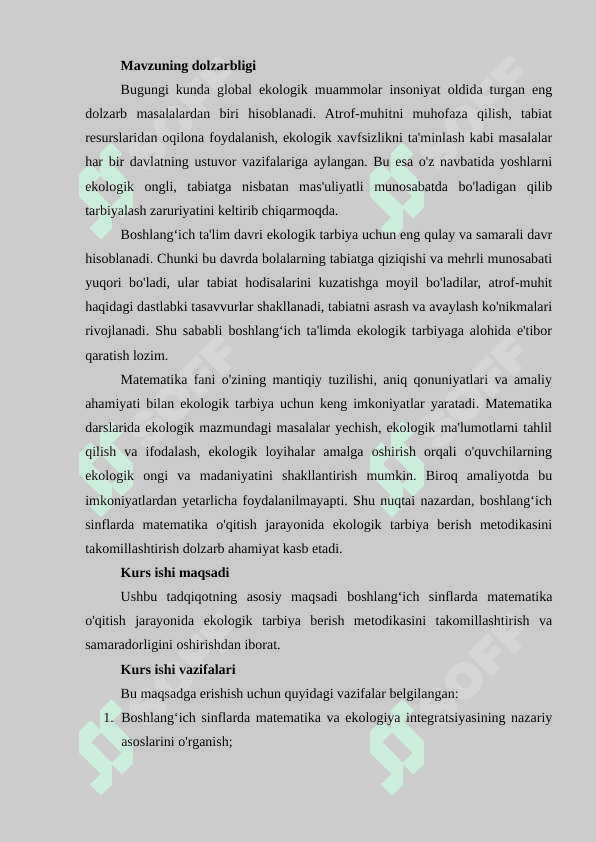BOSHLANG‘ICH SINFLARDA MATEMATIKA O‘QITISH JARAYONIDA EKOLOGIK TARBIYA BERISH METODIKASI    (3-4-SINFLAR MISOLIDA) 3