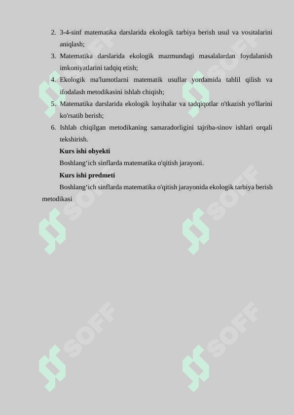BOSHLANG‘ICH SINFLARDA MATEMATIKA O‘QITISH JARAYONIDA EKOLOGIK TARBIYA BERISH METODIKASI    (3-4-SINFLAR MISOLIDA) 4