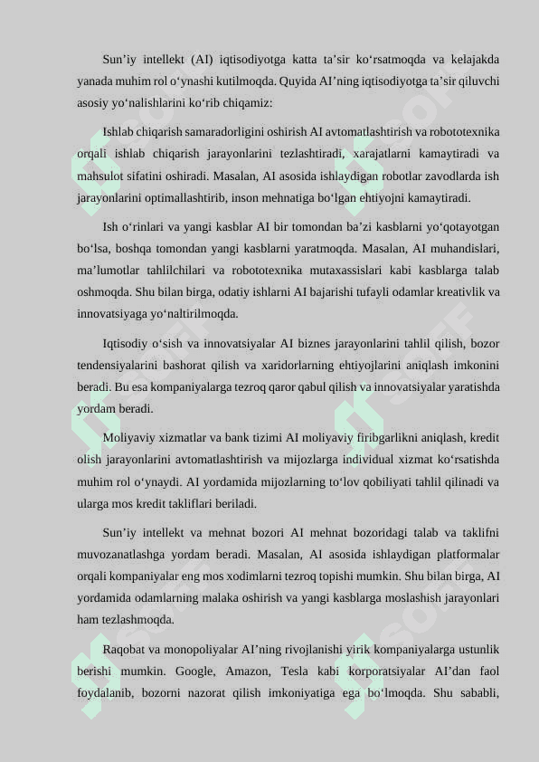 SU'NIY INTLILEKT (AI) VA UNING IQTISODIYOTGA TA'SIRI 2