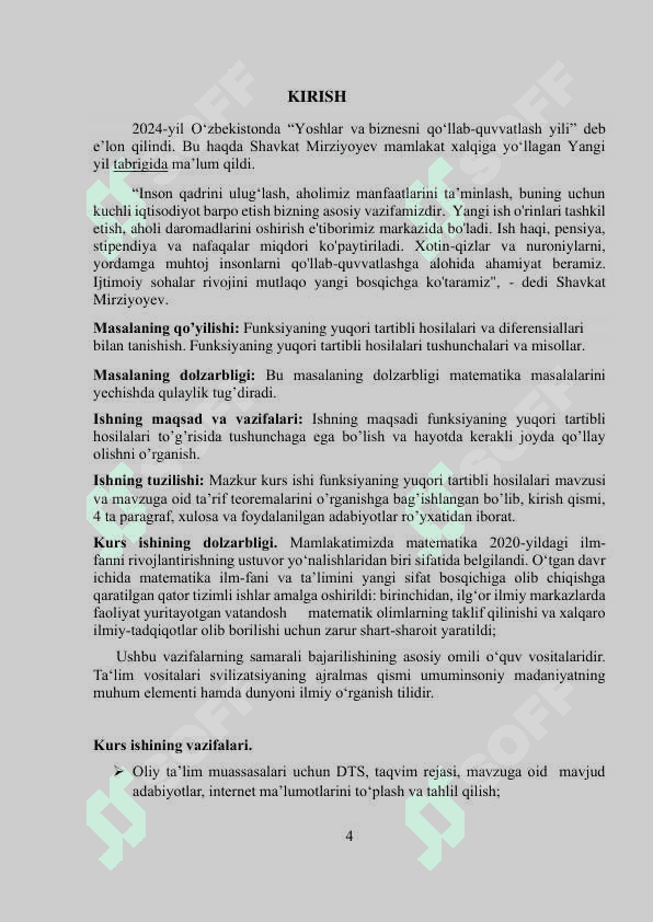 Bir o`zgaruvchili funksiyaning yuqori tartibli hosilalari va differensiallari hamda Teylor formulasi 4