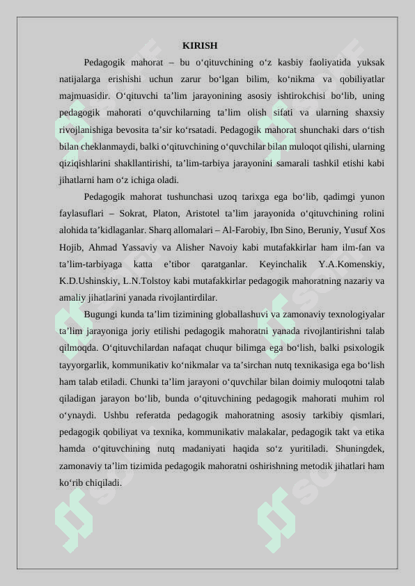 Pedagogik mahorat. Pedagogik fikr tarixi va maktab amaliyotida o‘qituvchi maxorati masalalari. Pedagogik maxoratning asosiy komponentlari. O‘qituvchi faoliyatida pedagogik qobiliyat. Kommunikativ malakalar va ta’snr kursatish. O‘qituvchi faoliyatida muloqot madaniyati va psixologiyasi. Pedagogik takt va pedagogik etika. Pedagogik texnika haqida tushuncha. Pedagogik texnikani shakllantirish metodikasi. Nutk texnikasi va madaniyati. 3
