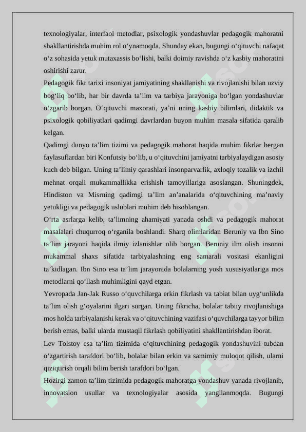 Pedagogik mahorat. Pedagogik fikr tarixi va maktab amaliyotida o‘qituvchi maxorati masalalari. Pedagogik maxoratning asosiy komponentlari. O‘qituvchi faoliyatida pedagogik qobiliyat. Kommunikativ malakalar va ta’snr kursatish. O‘qituvchi faoliyatida muloqot madaniyati va psixologiyasi. Pedagogik takt va pedagogik etika. Pedagogik texnika haqida tushuncha. Pedagogik texnikani shakllantirish metodikasi. Nutk texnikasi va madaniyati. 5