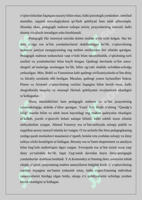 Pedagogik mahorat. Pedagogik fikr tarixi va maktab amaliyotida o‘qituvchi maxorati masalalari. Pedagogik maxoratning asosiy komponentlari. O‘qituvchi faoliyatida pedagogik qobiliyat. Kommunikativ malakalar va ta’snr kursatish. O‘qituvchi faoliyatida muloqot madaniyati va psixologiyasi. Pedagogik takt va pedagogik etika. Pedagogik texnika haqida tushuncha. Pedagogik texnikani shakllantirish metodikasi. Nutk texnikasi va madaniyati. 6