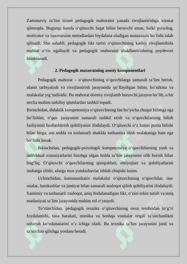 Pedagogik mahorat. Pedagogik fikr tarixi va maktab amaliyotida o‘qituvchi maxorati masalalari. Pedagogik maxoratning asosiy komponentlari. O‘qituvchi faoliyatida pedagogik qobiliyat. Kommunikativ malakalar va ta’snr kursatish. O‘qituvchi faoliyatida muloqot madaniyati va psixologiyasi. Pedagogik takt va pedagogik etika. Pedagogik texnika haqida tushuncha. Pedagogik texnikani shakllantirish metodikasi. Nutk texnikasi va madaniyati. 7