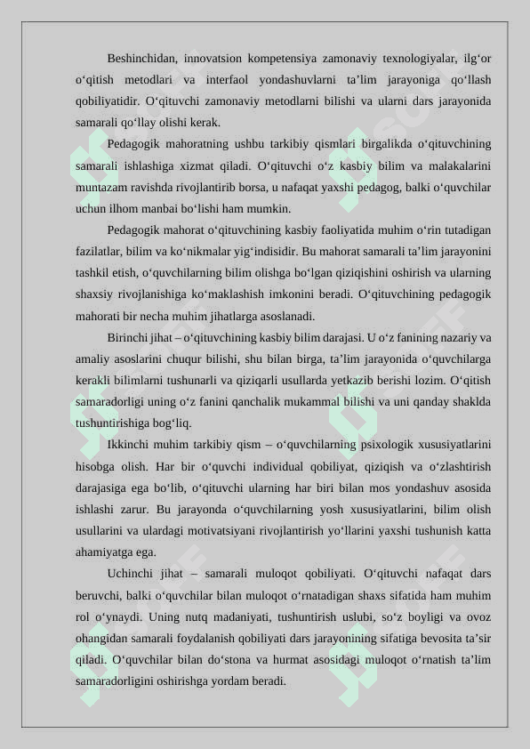 Pedagogik mahorat. Pedagogik fikr tarixi va maktab amaliyotida o‘qituvchi maxorati masalalari. Pedagogik maxoratning asosiy komponentlari. O‘qituvchi faoliyatida pedagogik qobiliyat. Kommunikativ malakalar va ta’snr kursatish. O‘qituvchi faoliyatida muloqot madaniyati va psixologiyasi. Pedagogik takt va pedagogik etika. Pedagogik texnika haqida tushuncha. Pedagogik texnikani shakllantirish metodikasi. Nutk texnikasi va madaniyati. 8