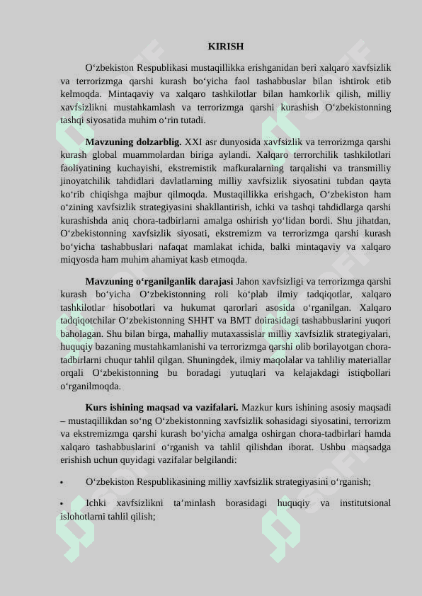 O'ZBEKISTONNING JAHON XAVFSIZLIK VA TERORIZIMGA QARSHI KURASH BO'YICHA TASHABBUSI. 2