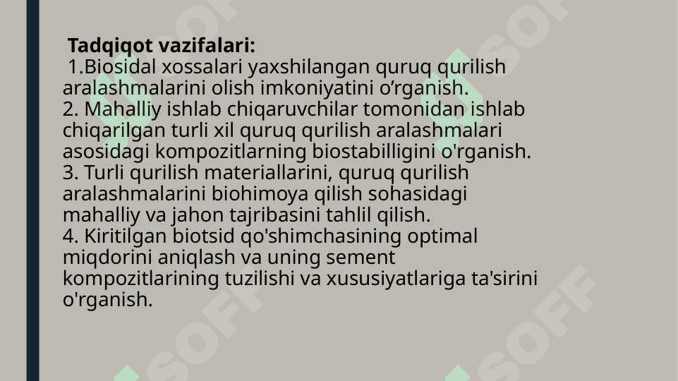 BIOSIDAL XUSUSIYATLARGA EGA QURUQ QURULISH ARALASHMALARIN  ISHLAB CHIQARISH 5