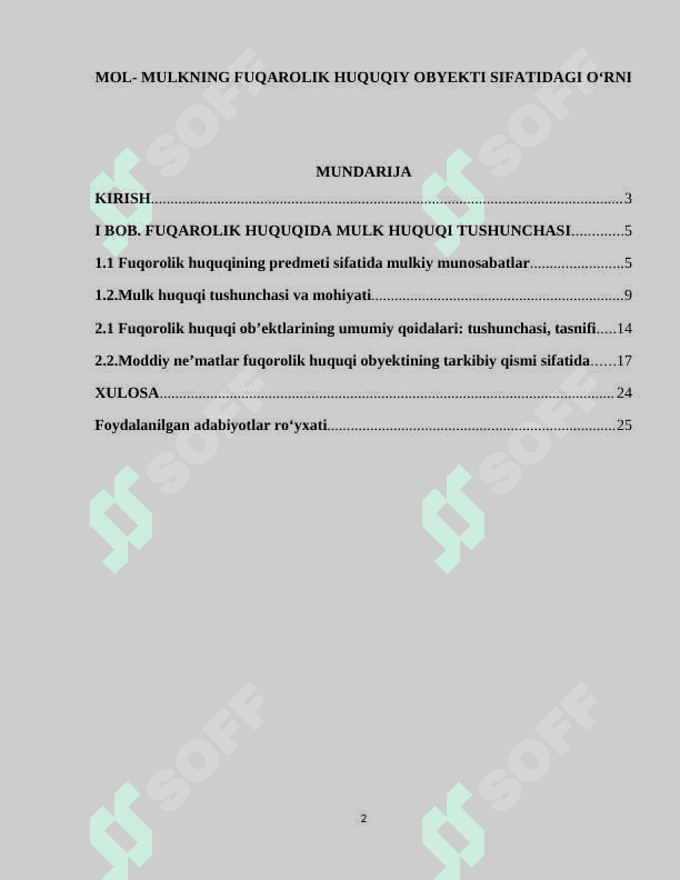 MOL- MULKNING FUQAROLIK HUQUQIY OBYEKTI SIFATIDAGI OʻRNI 2