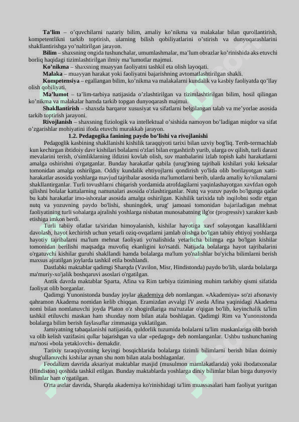 PEDAGOGIKA FANINING PREDMETI, TADQIQOT METODLARI. PEDAGOGIK TA’LIMOTLAR TARIXI. O’ZBEKISTON RESPUBLIKASI TA’LIM TIZIMIDA MODERNIZASIYA JARAYONLARI 3