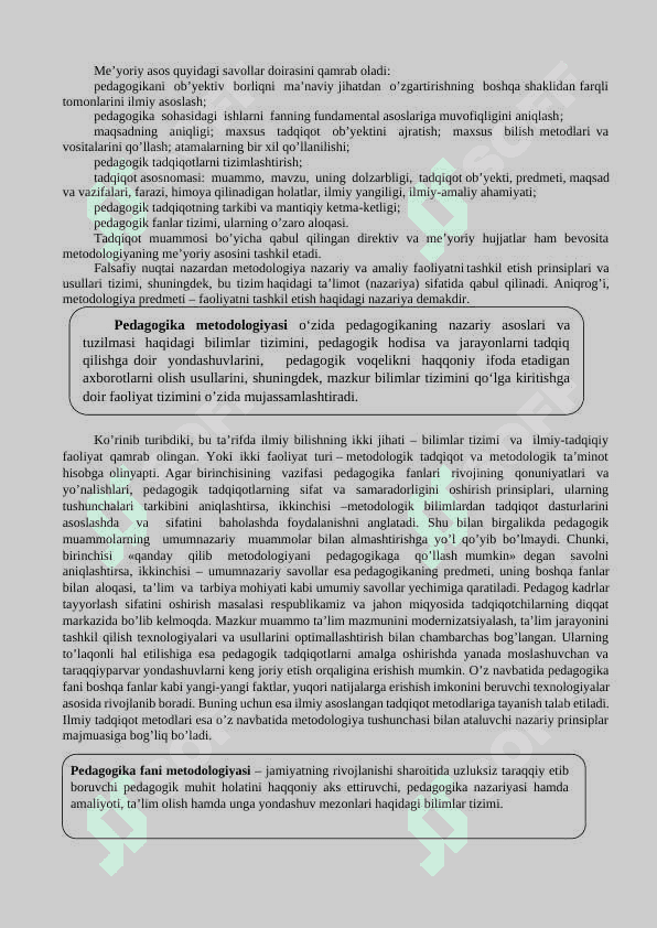 PEDAGOGIKA FANINING PREDMETI, TADQIQOT METODLARI. PEDAGOGIK TA’LIMOTLAR TARIXI. O’ZBEKISTON RESPUBLIKASI TA’LIM TIZIMIDA MODERNIZASIYA JARAYONLARI 7
