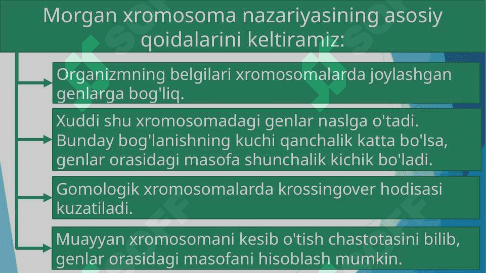 Irsiyatning xromosoma nazariyasi. Genlarning birikish holati, krossengover. Belgilarning jinsga birikkan holatda irsiylanishi.Tiriklikning molekulyar asoslari. Nuklein kislotalar va ularning irsiy belgilarini nasl naslga o’tishdagi roli. 4