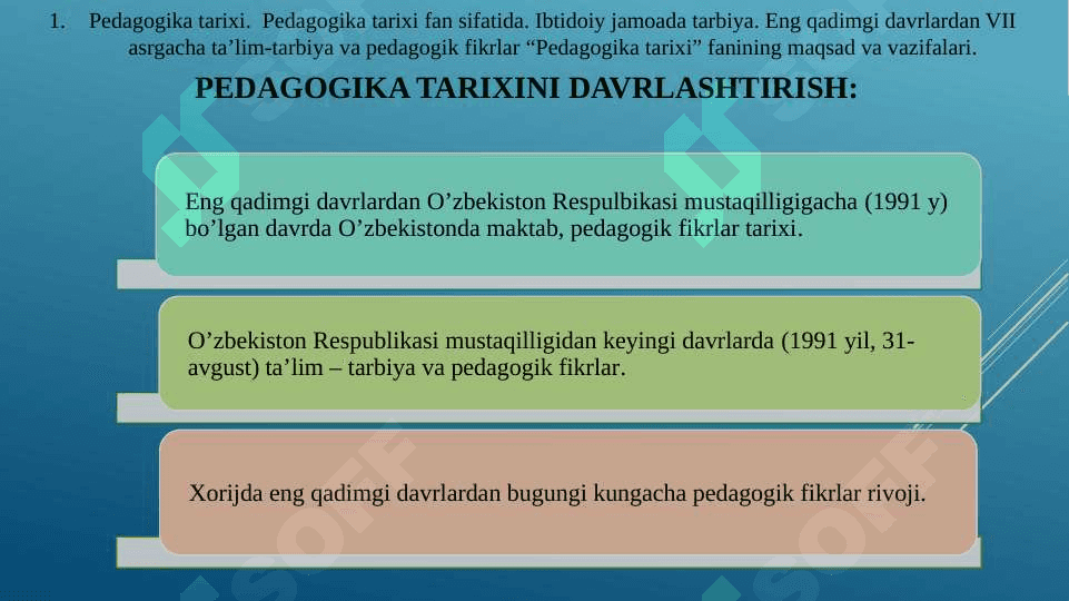 Pedagogika tarixi. Pedagogika nazariyasi. Pedagogika nazariyasi haqida ma’lumotlar to‘plash. Pedagogik fikr tarixi va maktab amaliyotida o‘qituvchi maxorati masalalari. Pedagogik qobiliyatni shakllantirish yo‘llari. Kommunikativ malaka va pedagogik ta’sir ko‘rsatish. 5