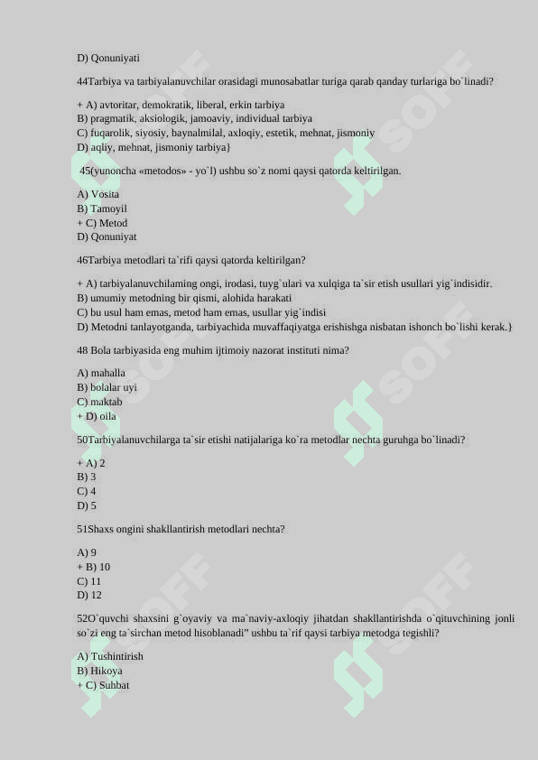 Umumiy pedagogika fanidan test savollari albatta javoblari bilan 8