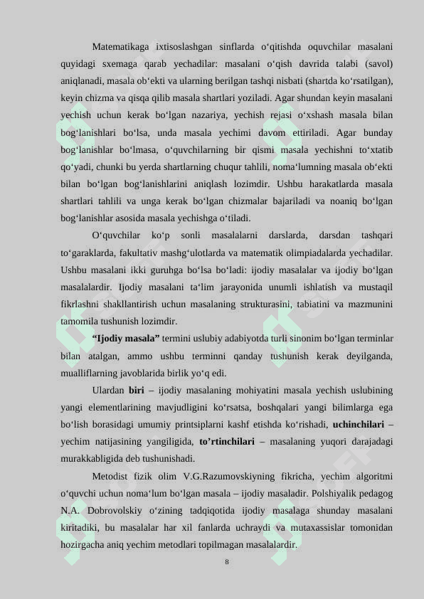 Boshlang’ich sinf o’quvchilarining masalaga doir  tasavvurlarini shakllantirish metodikasi 8