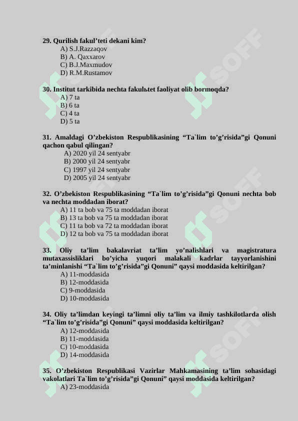 “Ta’lim yo’nalishiga kirish (kredit-modul tizimi)” fanidan TEST SAVOLLARI TO’PLAMI 5