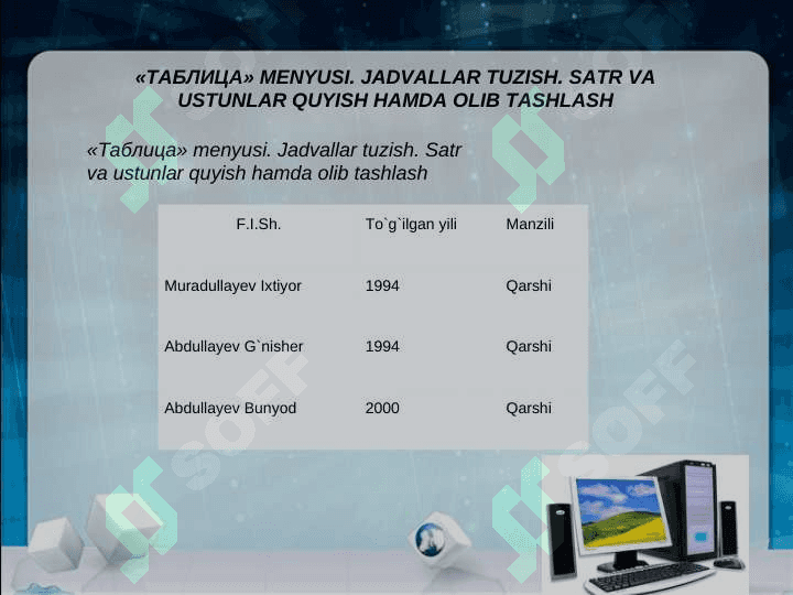 MS WORD DASTURIDA JADVALLAR BILAN ISHLASH 3
