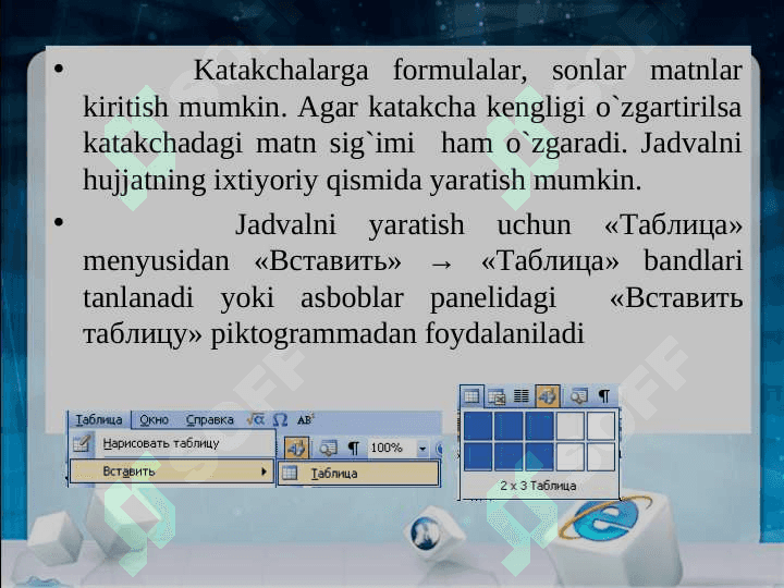 MS WORD DASTURIDA JADVALLAR BILAN ISHLASH 4