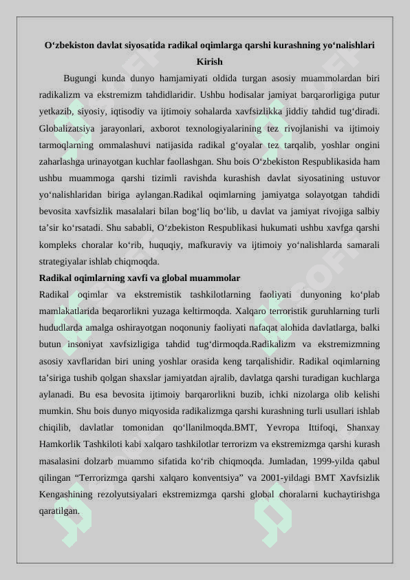 O’zbekiston davlat siyosatida radikal oqimlarga qarshi kurashning yo’nalishlari. 2