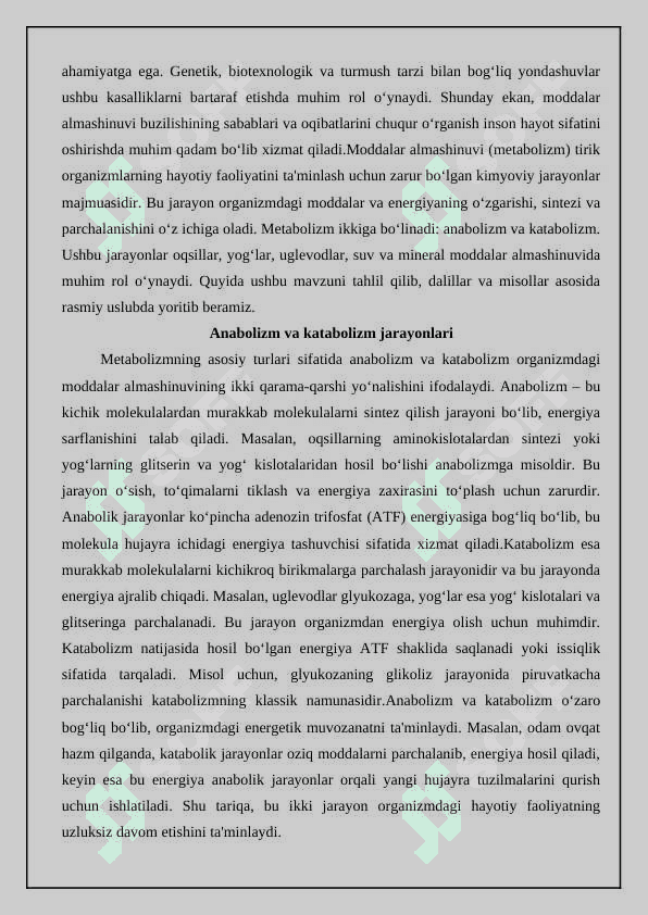 Organizmdagi moddalar almanishuvi buzilishi haqida tushuncha 25 5