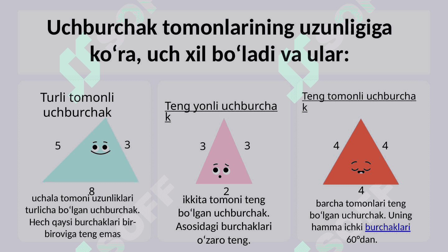 Uchburchakning tomonlariga ko'ra turlari. Uchburchakning burchaklariga ko'ra turlari. 3