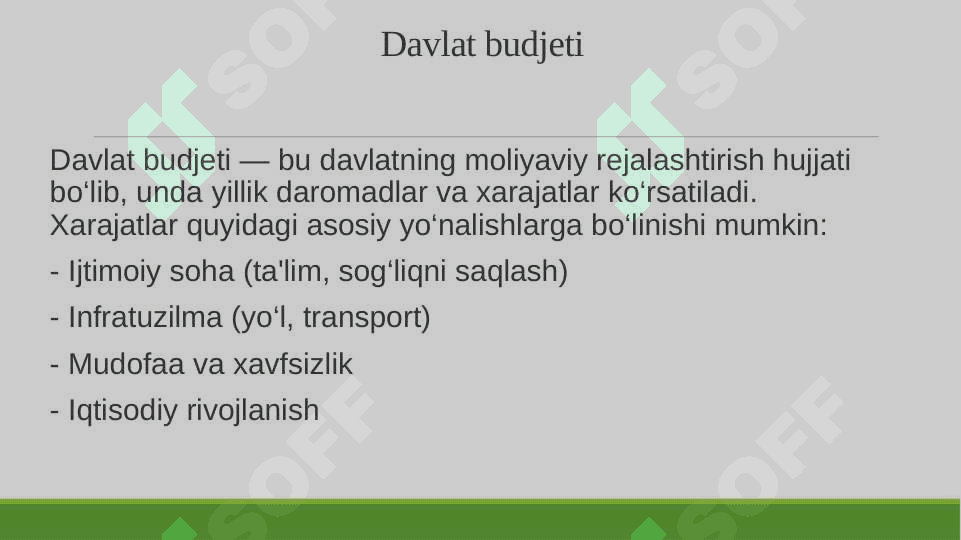 Davlat budjeti va davlat maqsadli jamgʻarmalari budjetlari xarajatlari qismining ijrosi hisobi. 2