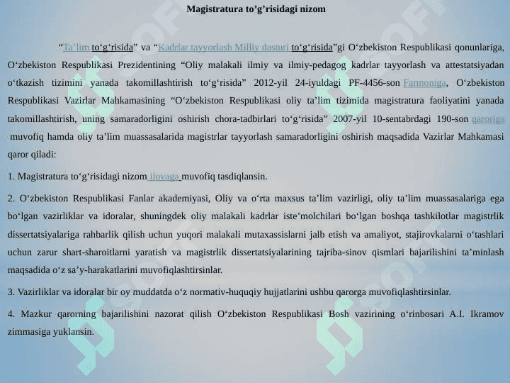 Magistratura ta’limida o’quv jarayoni muddati va uni tavsiflanishi. 3