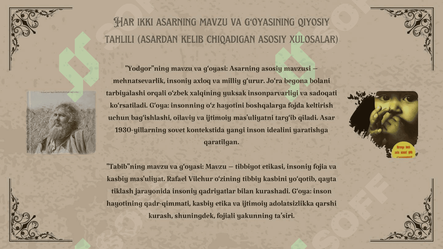 G'AFUR G'ULOMNI YODGOR ASARI VA TADEUSH DOLENGA MOSTOVICHNING TABIB ASARINING QIYOSIY TAHLILI 4
