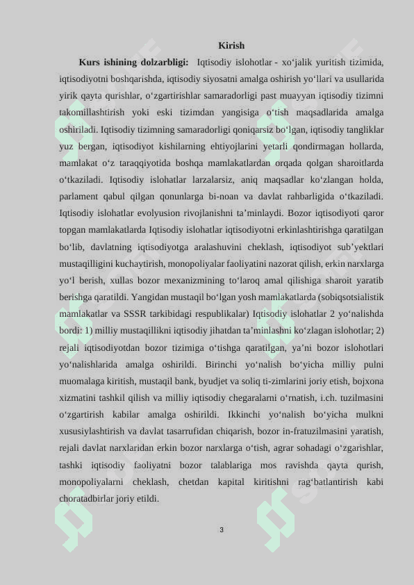 O‘zbekistonda iqtisodiy islohotlar, xususiy mulkchilikning shakllanishi, bozor munosabatlarining rivojlanishi 3